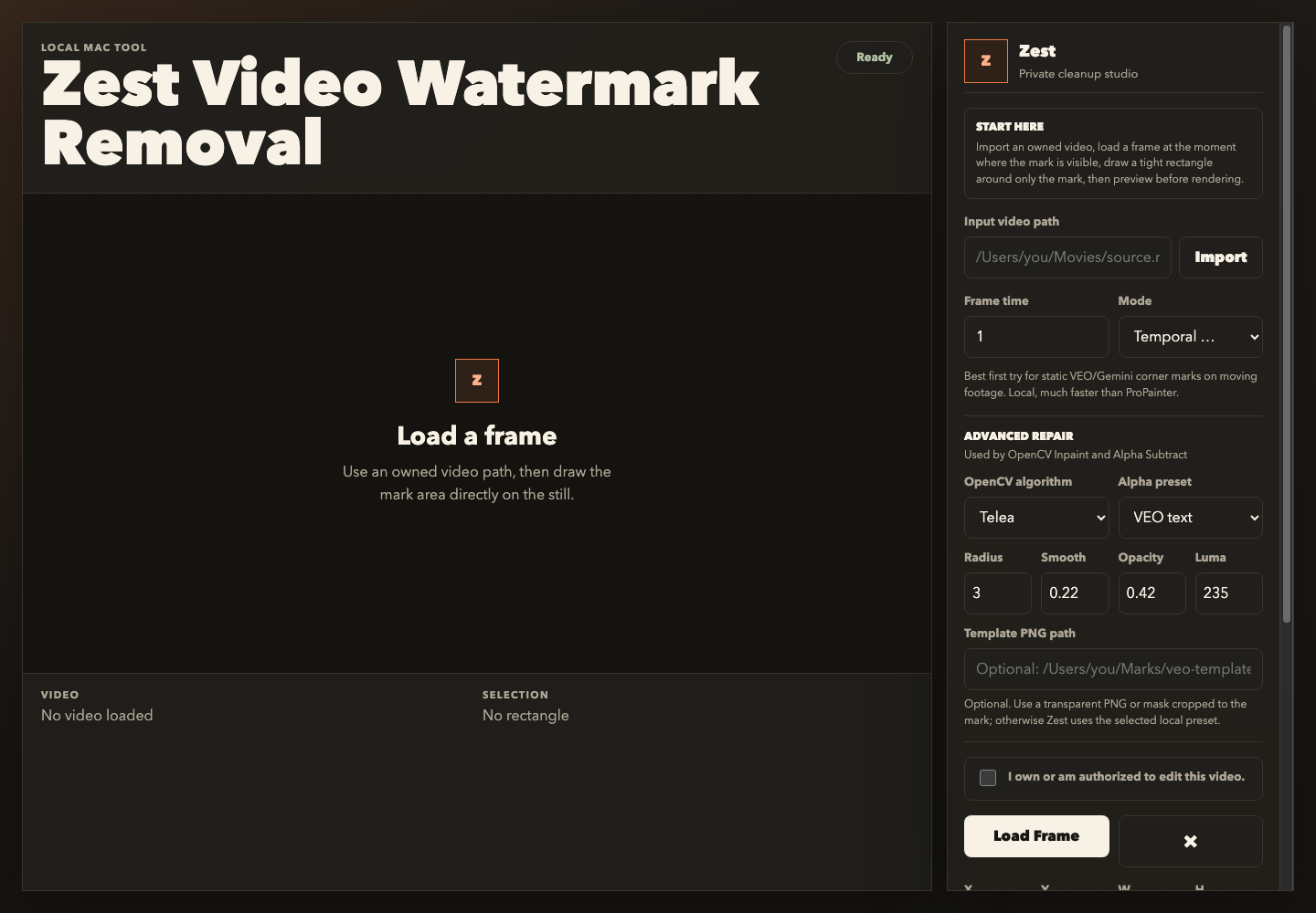 Zest app interface showing a video cleanup workspace
